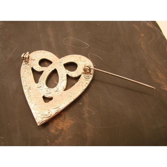 Mixed Rhinestone Studded Heart Brooch Pin Filigree Art Deco Silver Tone 1.5x1.5 - Picture 10 of 11